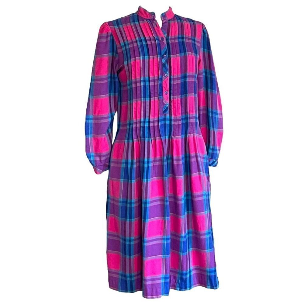 Matti Sport Vintage 1980s Cottagecore Midi Dress Flannel Plaid Puff Sleeve Sz 8 - Picture 6 of 10